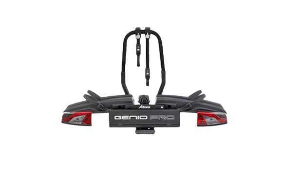 Rear-mounted Genio bike platform in black, designed for safe and easy transport of up to two bicycles.