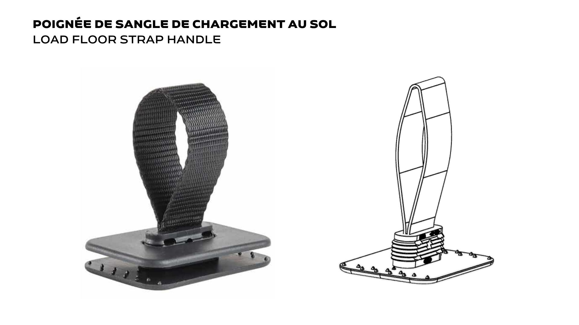 OEM injection-moulded cover with moulded-in strap Overmoulded strap with injection-moulded cover for the boot mat